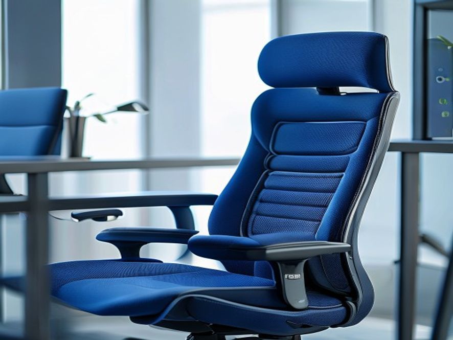 Office chair with proper lumbar support and height adjustment highlighted