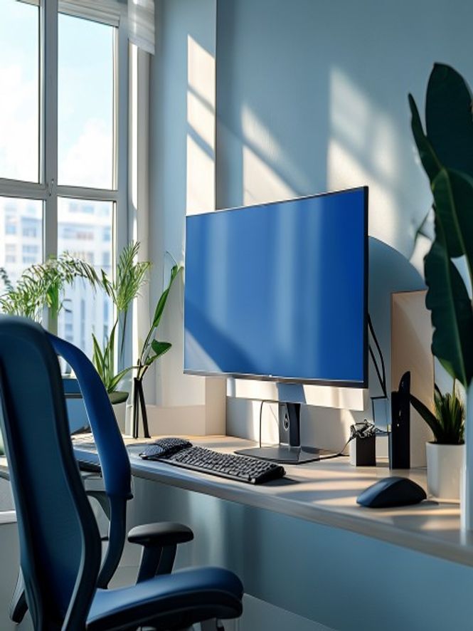 Well-organised desk with ergonomic setup and natural lighting